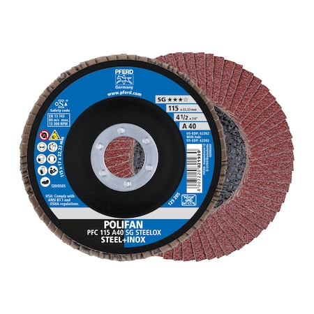 Pferd 4-1/2" x 7/8" A.H. POLIFAN Flap Disc - A SG STEELOX, Aluminum oxide, 40 Grit, Conical 62202